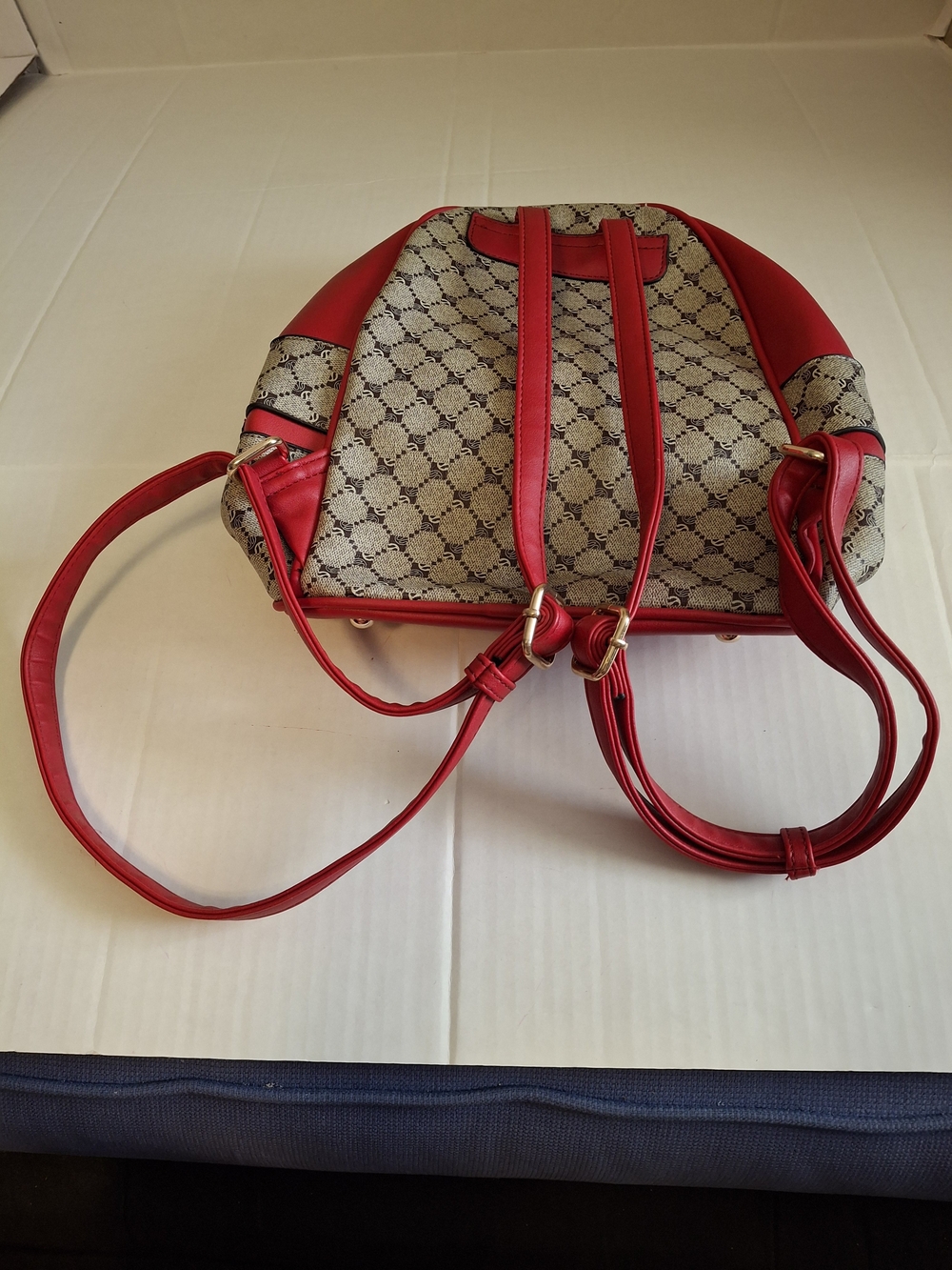 Faux-leather Red and Beige Monogram Backpack Handbag